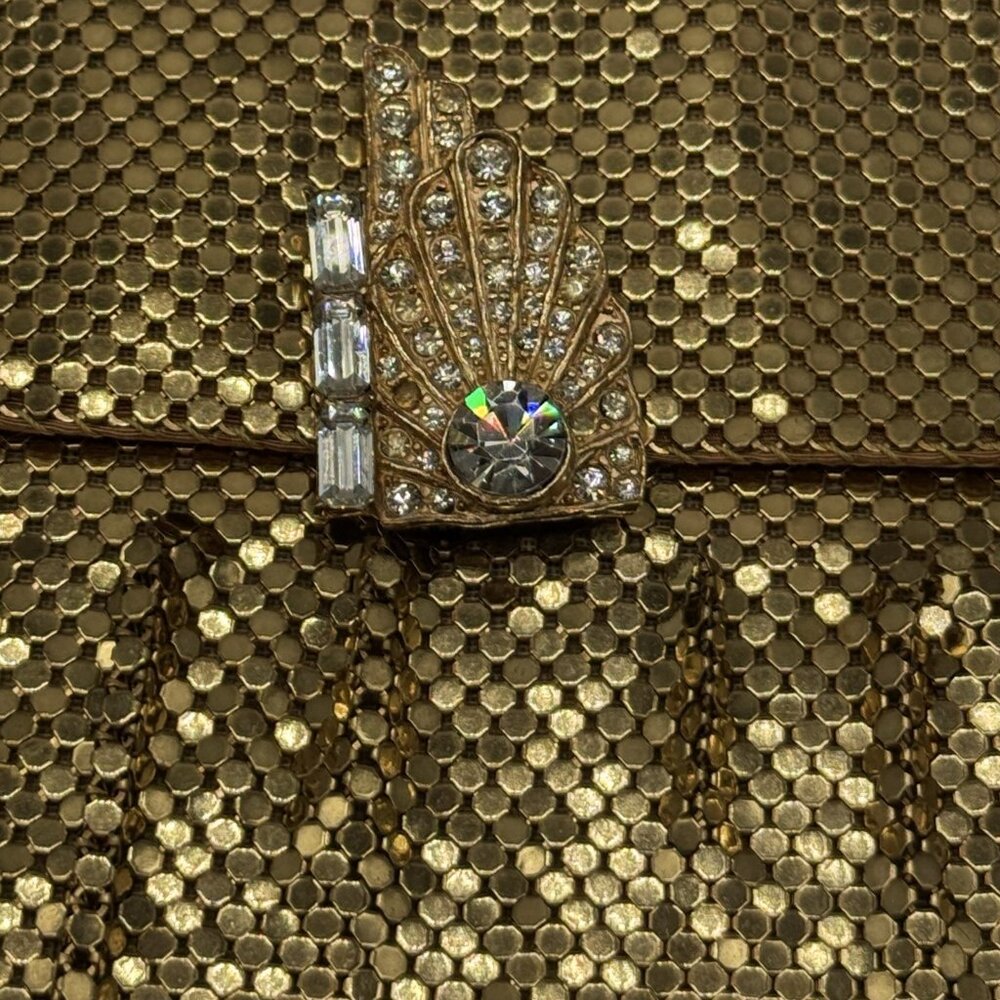 Mesh Purse Clutch Bag Gold Tone Art Deco Rhinestone Clip Vtg Whiting and Davis - Picture 11 of 14